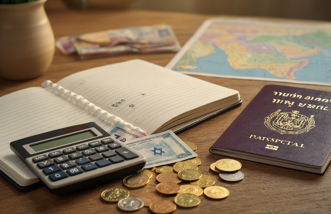 realistic image of a travel planning scene featuring a wooden desk with an open notebook, a calculator, scattered Israeli currency (shekels) and coins, a small Israel travel guidebook, and a passport, with a soft map of Israel subtly visible in the background, warm natural lighting creating a focused and organized mood, suggesting thoughtful budget planning for a trip, Absolutely NO text should be in the scene.