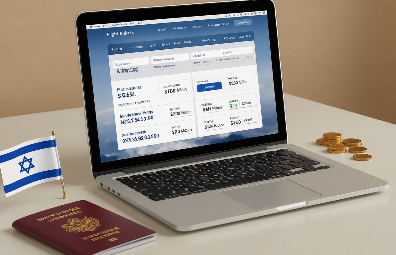 realistic image of a laptop screen displaying a flight booking website with multiple flight options and price comparisons, placed on a clean desk with a passport, a small Israeli flag, and a few scattered coins nearby, warm and focused lighting illuminating the scene, suggesting smart travel planning on a budget, with a simple, uncluttered background. Absolutely NO text should be in the scene.