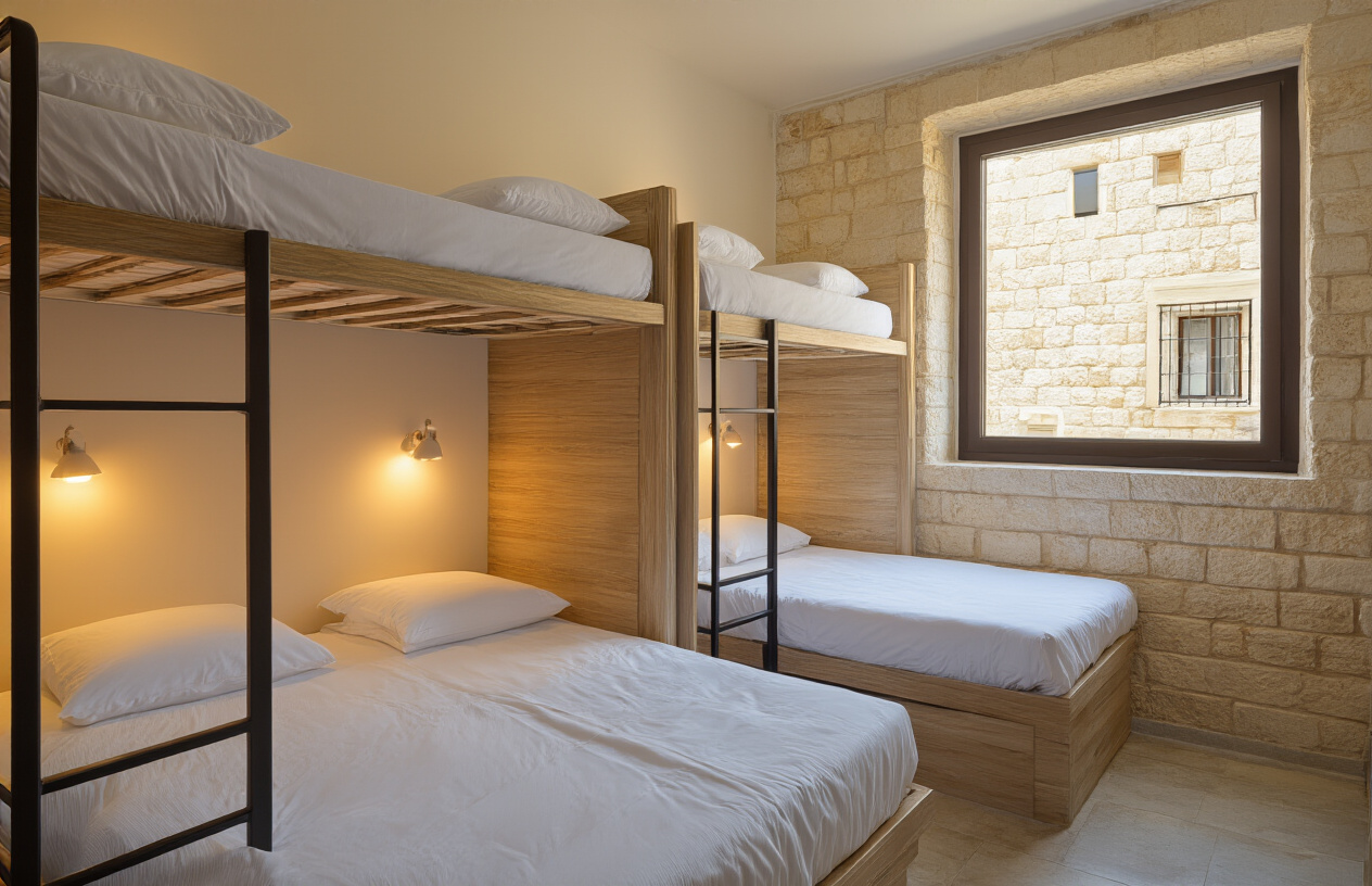 realistic image of a cozy and clean budget hostel or guesthouse room in Israel, featuring neatly arranged bunk beds with fresh white linens, warm ambient lighting, and a small window with a view of a sunny Jerusalem stone building outside, the room appearing comfortable and inviting with simple but tasteful decor, a cheerful and welcoming atmosphere suggesting affordable yet comfortable accommodation, Absolutely NO text should be in the scene.
