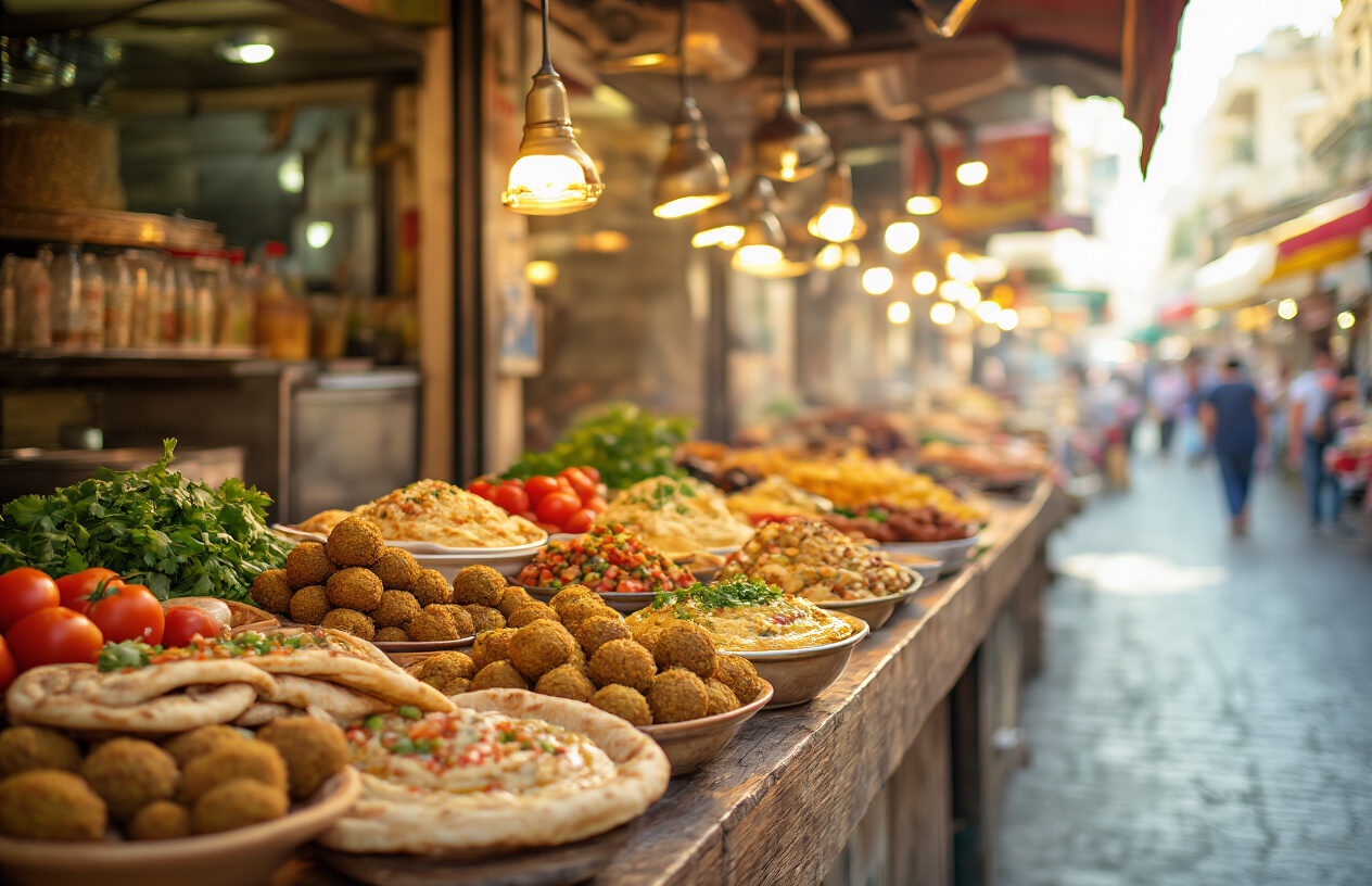 realistic image of a vibrant Israeli street food market scene featuring an array of affordable traditional foods such as falafel, hummus, pita bread, and fresh vegetables displayed on a rustic wooden counter, with warm golden lighting illuminating the colorful spread, the background showing a lively open-air market with blurred stalls and people, the overall mood being inviting, fresh, and budget-friendly, emphasizing abundance and flavor without luxury. Absolutely NO text should be in the scene.