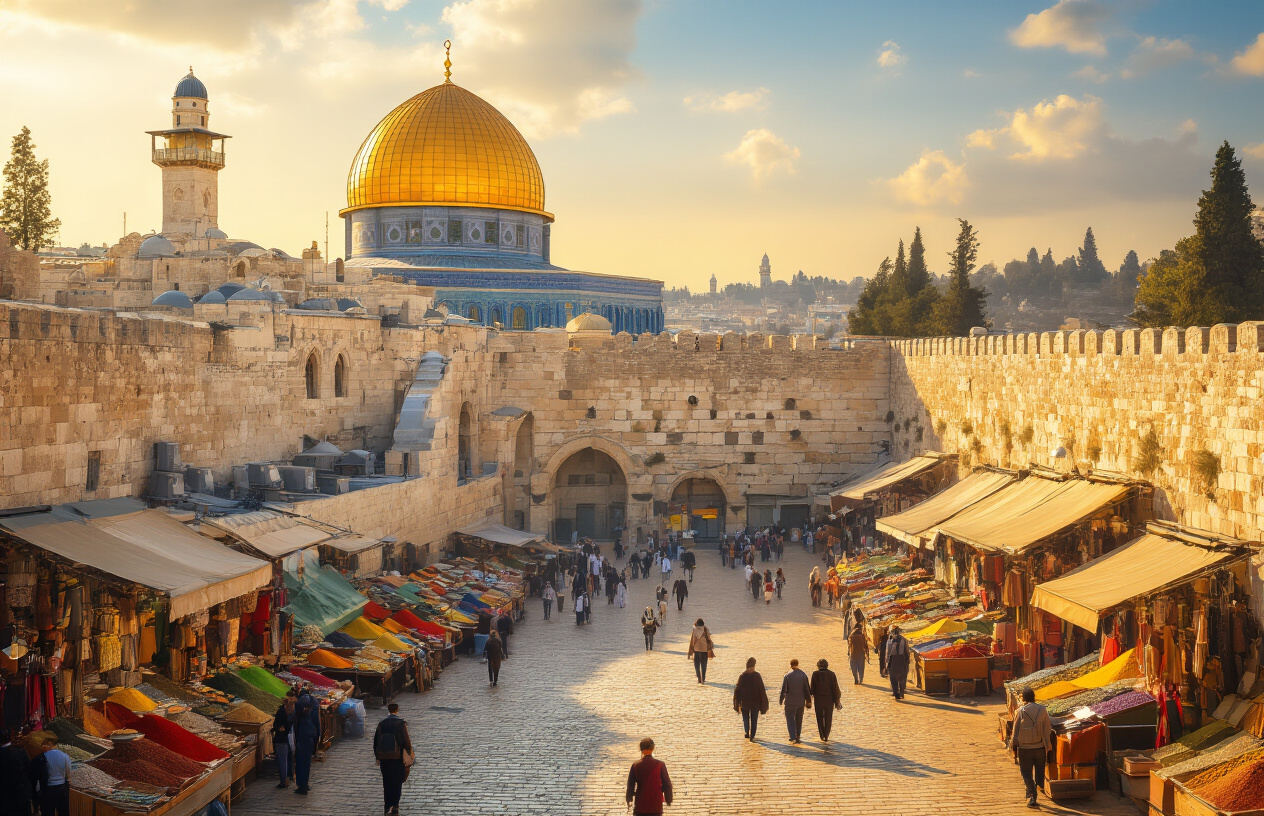 realistic image of a breathtaking panoramic view of Jerusalem's Old City featuring the golden Dome of the Rock, ancient stone walls, and bustling open-air markets with colorful spice stalls and local vendors, bathed in warm golden sunlight, evoking a sense of adventure and discovery on a budget-friendly journey. Absolutely NO text should be in the scene.