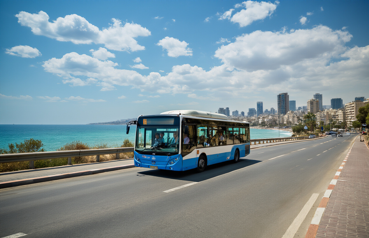 realistic image of a modern Israeli public bus traveling along a scenic road with the Mediterranean coastline or urban cityscape of Tel Aviv visible in the background, with a few passengers visible through the windows, bright natural daylight illuminating the scene, conveying a sense of affordable and efficient travel, with a clean and welcoming atmosphere. Absolutely NO text should be in the scene.