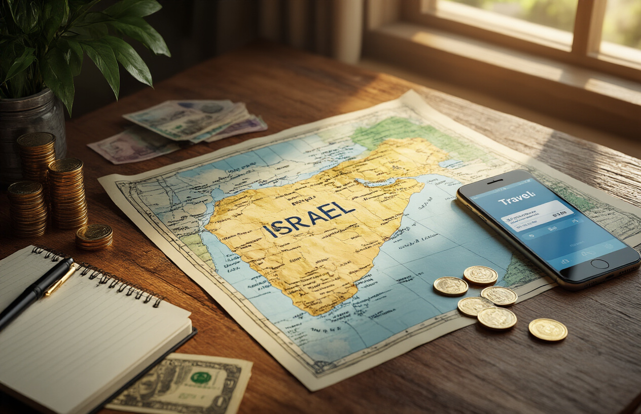 realistic image of a travel itinerary planning scene featuring a map of Israel spread open on a wooden table, with a small pile of Israeli shekel coins and banknotes placed on the corner, a notebook with a pen, and a smartphone displaying a travel app, all arranged neatly together, warm natural lighting from a nearby window creating a focused and organized atmosphere, conveying smart budget travel planning. Absolutely NO text should be in the scene.