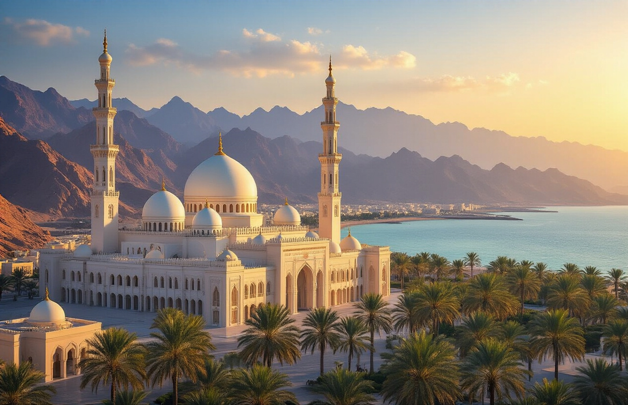 realistic image of a breathtaking panoramic view of Muscat, Oman, showcasing the iconic Sultan Qaboos Grand Mosque with its gleaming white domes and minarets alongside the dramatic Al Hajar Mountains in the background, with the calm blue waters of the Gulf of Oman visible in the distance, bathed in warm golden hour sunlight that casts a rich, inviting glow across the entire scene, evoking a sense of wonder, discovery, and regret for missing such a destination, with lush palm trees and traditional Omani architecture adding cultural depth to the composition, the overall mood being awe-inspiring, serene, and welcoming. Absolutely NO text should be in the scene.