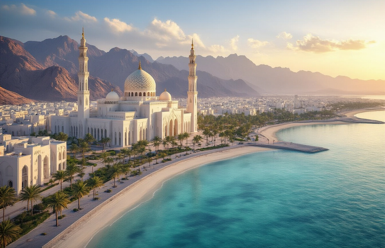 realistic image of a stunning panoramic view of Muscat, Oman, showcasing the city's unique blend of traditional Arabian architecture and modern elegance, featuring the iconic white Sultan Qaboos Grand Mosque with its ornate dome and minarets in the background, framed by dramatic rugged Al Hajar mountains, with the calm turquoise waters of the Arabian Sea in the foreground, lush manicured gardens with palm trees lining wide clean boulevards, warm golden sunset lighting casting a soft glow over the pristine white buildings, creating an inviting and awe-inspiring atmosphere that feels both timeless and sophisticated, Absolutely NO text should be in the scene.