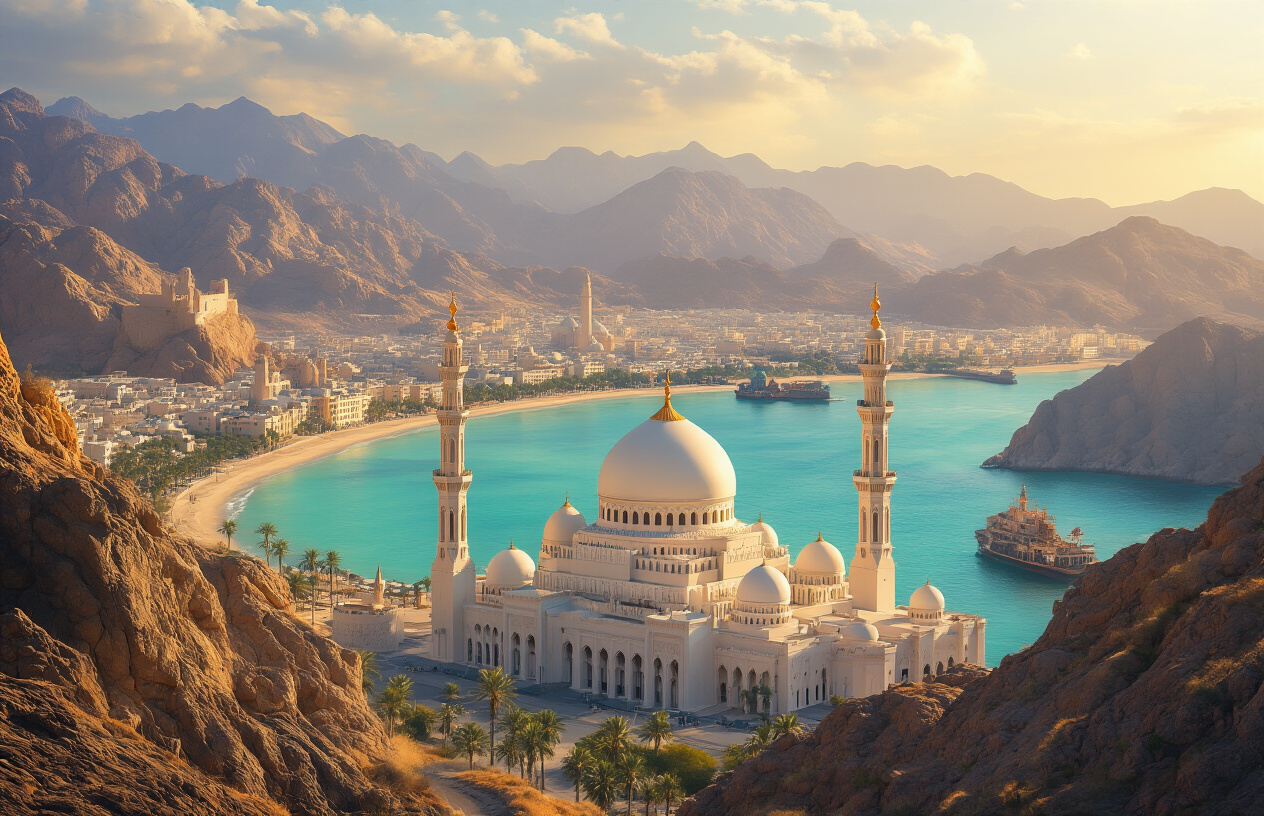 realistic image of a stunning panoramic view of Muscat, Oman, showcasing iconic landmarks including the Sultan Qaboos Grand Mosque with its gleaming white domes and minarets, the historic Al Jalali and Al Mirani forts perched on rocky coastal cliffs, and the turquoise waters of the Gulf of Oman glistening under warm golden sunlight, with dramatic rugged mountains in the background, capturing a breathtaking and awe-inspiring atmosphere that evokes a sense of wonder and wanderlust. Absolutely NO text should be in the scene.