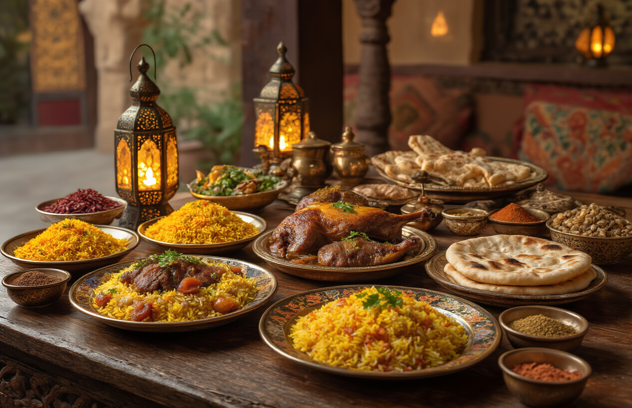 realistic image of a beautifully arranged spread of traditional Omani dishes displayed on a rustic wooden table, featuring shuwa slow-cooked lamb, fragrant rice with saffron, fresh flatbreads, and small bowls of aromatic spices, set against the warm ambiance of a traditional Muscat restaurant with ornate lanterns casting a golden glow over the scene, rich colors and textures highlighting the abundance and variety of the food, creating an inviting and appetizing atmosphere that evokes culinary richness and cultural depth. Absolutely NO text should be in the scene.