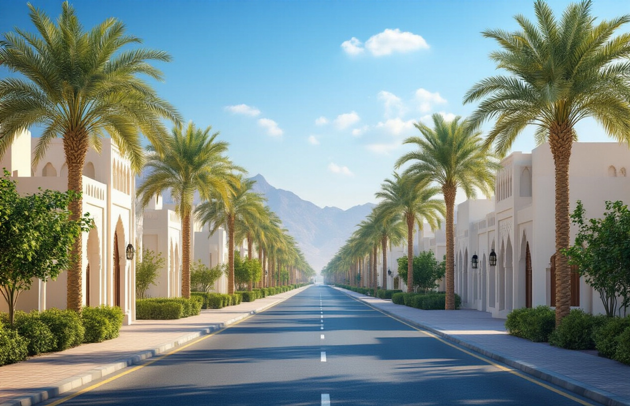 realistic image of a peaceful and welcoming street scene in Muscat, Oman, featuring well-maintained roads lined with traditional white Arabic architecture and lush palm trees under a bright, clear blue sky, with a relaxed and secure atmosphere conveyed through the orderly, clean surroundings, soft warm sunlight casting gentle shadows, and an overall sense of calm and safety, with no signs of chaos or danger, evoking a sense of trust and tranquility that defines Muscat as a safe travel destination. Absolutely NO text should be in the scene.