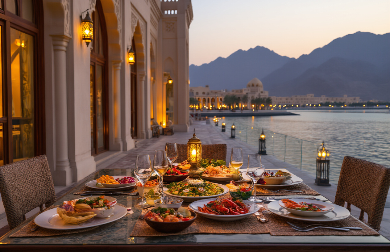 realistic image of a luxurious yet affordable outdoor dining scene in Muscat, Oman, featuring a beautifully set table with traditional Omani dishes, fresh seafood, and colorful mezze spreads, set against the backdrop of a stunning waterfront or elegant Arabian architecture with warm golden lighting at sunset, conveying a sense of high value and rich experience without breaking the bank, with an inviting and prosperous atmosphere that suggests smart travel choices. Absolutely NO text should be in the scene.