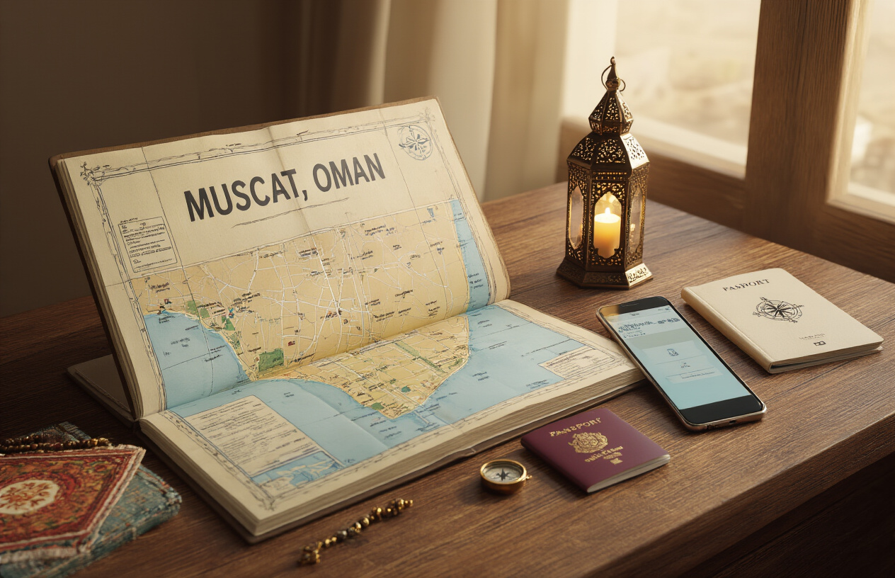 realistic image of a neatly organized travel planning setup on a wooden desk featuring a open map of Muscat, Oman, a travel journal, a smartphone displaying a travel app, a passport, and a small compass, with soft warm natural light coming from a nearby window, creating a calm and stress-free planning atmosphere, with subtle hints of Omani culture such as a small decorative lantern nearby, conveying a sense of excitement and ease for an upcoming trip to Muscat. Absolutely NO text should be in the scene.