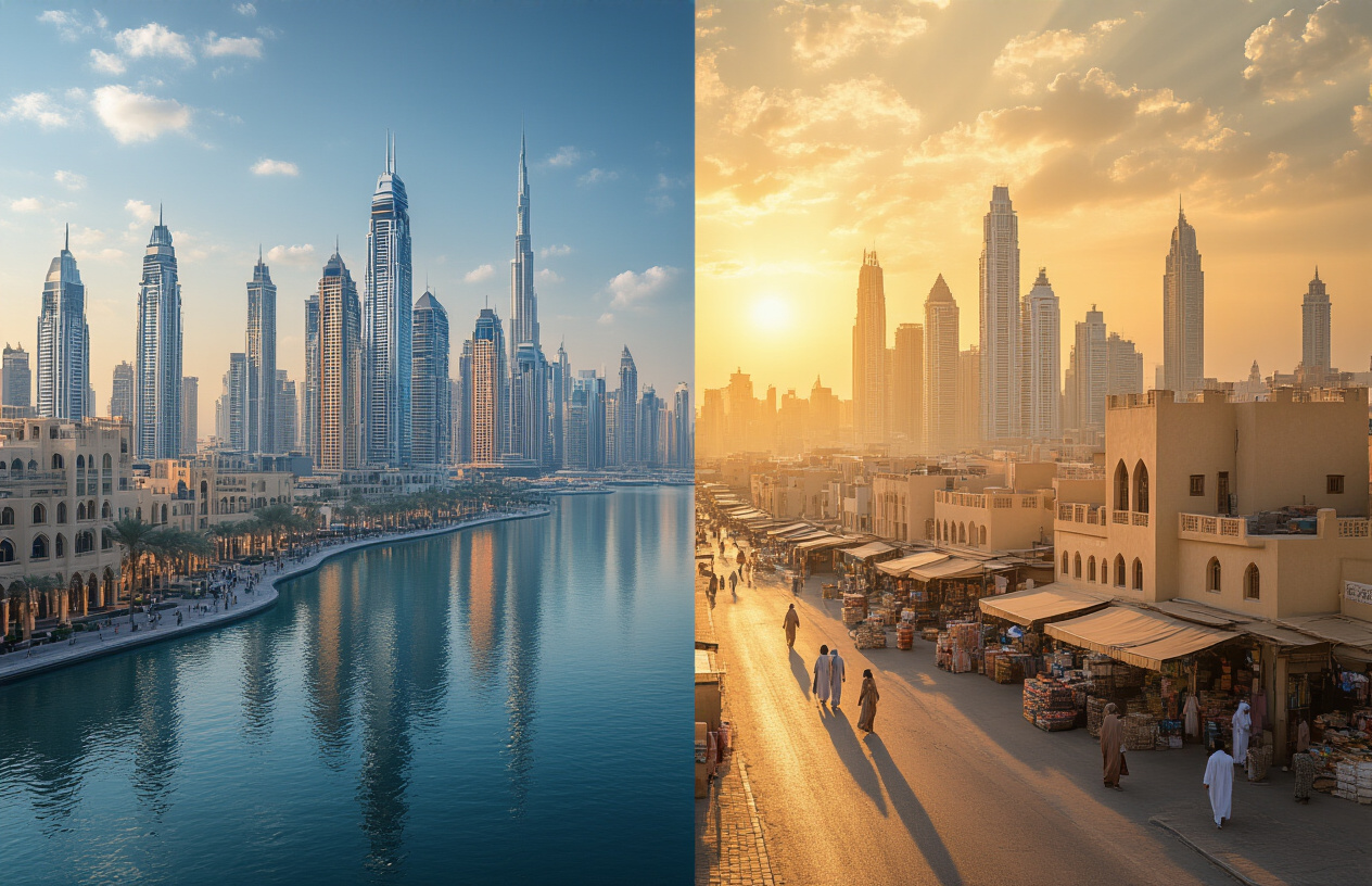 realistic image of a split-scene view of Dubai showing two contrasting sides side by side, on one side the iconic glittering skyline with luxury skyscrapers and polished reflections typical of Instagram posts, and on the other side an authentic, quieter neighborhood with traditional low-rise buildings, modest streets, and local market stalls, the lighting transitioning from a overly bright and filtered golden glow on the luxury side to warm, natural, and honest afternoon sunlight on the authentic side, creating a visual metaphor of reality versus social media perception, the overall mood being thought-provoking and revelatory, with no people in the scene. Absolutely NO text should be in the scene.