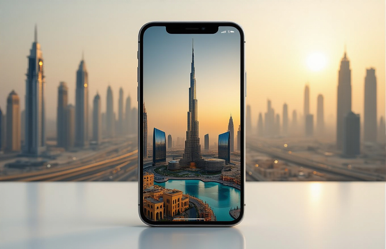 realistic image of a sleek modern smartphone displaying a perfectly filtered, glamorous photo of Dubai's iconic skyline with the Burj Khalifa and luxury architecture bathed in golden light, while in the background the actual Dubai cityscape appears slightly different with hazy smog and uneven urban sprawl, creating a stark contrast between the curated digital image and the real scene beyond, shot in soft cinematic lighting that highlights the polished screen versus the raw reality behind it, Absolutely NO text should be in the scene.