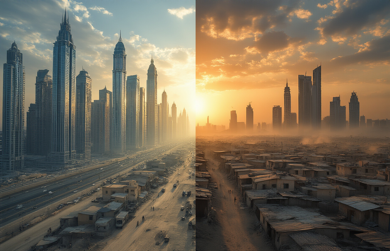 realistic image of a dramatic split-scene in Dubai showing a stark economic contrast, with gleaming glass skyscrapers and luxury towers dominating one side of the frame, while the other side reveals a dense, rundown labor camp or cramped low-income residential area with weathered buildings, dusty streets, and overcrowded conditions, the two worlds separated by a visible boundary, shot during golden hour to emphasize the glittering opulence against the shadowed poverty, creating a visually striking and thought-provoking composition that highlights inequality. Absolutely NO text should be in the scene.