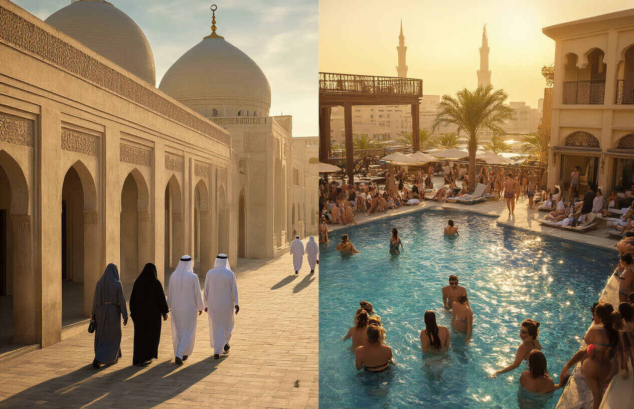 realistic image of a contrasting split scene in Dubai showing on one side a modest, traditional Arabic mosque with women in abayas and men in white kanduras walking respectfully through a quiet, culturally rich neighborhood street, and on the other side a glamorous rooftop pool party scene with tourists in swimwear, reflecting the tension between Dubai's deep Islamic cultural roots and its marketed party destination image, warm golden sunlight illuminating the scene, creating a thoughtful and reflective mood that highlights cultural authenticity versus social media perception, Absolutely NO text should be in the scene.