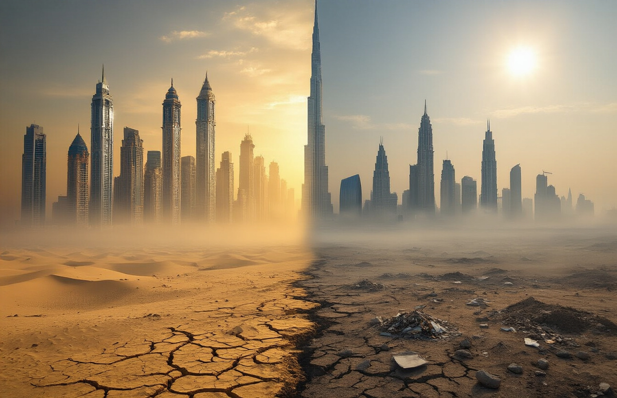 realistic image of a split composition showing Dubai's iconic gleaming skyscrapers and futuristic architecture on one side, bathed in golden light and appearing visually stunning, while the other side reveals the environmental toll behind the glamour, including hazy smog hanging over the desert city, overheated barren land with cracked dry earth, and industrial waste or construction debris scattered around, with the contrast between the polished architectural beauty and the hidden environmental degradation creating a stark, thought-provoking mood under a harsh, sun-scorched sky. Absolutely NO text should be in the scene.