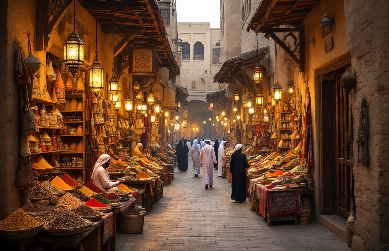 realistic image of a bustling traditional Dubai souq with narrow winding alleyways filled with vibrant spice stalls, hanging lanterns, and textured stone walls, where Middle Eastern male and female vendors sell aromatic spices, handwoven textiles, and gold jewelry, with warm golden ambient lighting casting a rich glow over the scene, evoking an authentic, culturally immersive atmosphere far removed from modern skyscrapers and luxury yachts, capturing the genuine soul of old Dubai with its earthy tones, aged wooden doors, and lively everyday local life. Absolutely NO text should be in the scene.