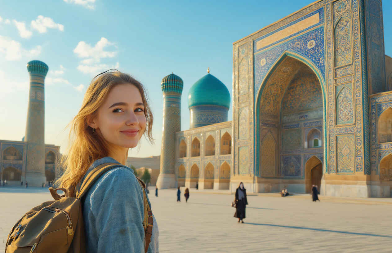 realistic image of a happy white female traveler standing confidently in front of the iconic Registan Square in Samarkand, Uzbekistan, with its stunning turquoise-tiled domes and intricate mosaic facades glowing warmly under golden afternoon sunlight, her backpack resting comfortably on her shoulders and a look of ease and delight on her face, surrounded by a welcoming and peaceful atmosphere with a few local Uzbek people walking nearby, creating a sense of accessibility and joy, with a vibrant blue sky above and soft warm lighting casting a serene and inviting mood across the entire scene. Absolutely NO text should be in the scene.