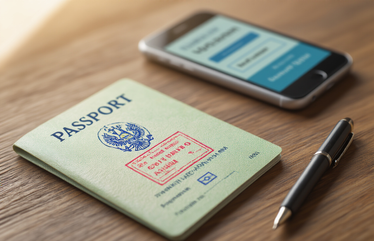 realistic image of a passport open to a clean visa page with a colorful Uzbekistan visa stamp or sticker affixed to it, placed on a wooden desk surface alongside a smartphone displaying an online visa application form, with a simple pen nearby, the scene lit with warm, soft natural light suggesting ease and accessibility, the overall mood being straightforward and stress-free, with no clutter or complexity in the composition. Absolutely NO text should be in the scene.