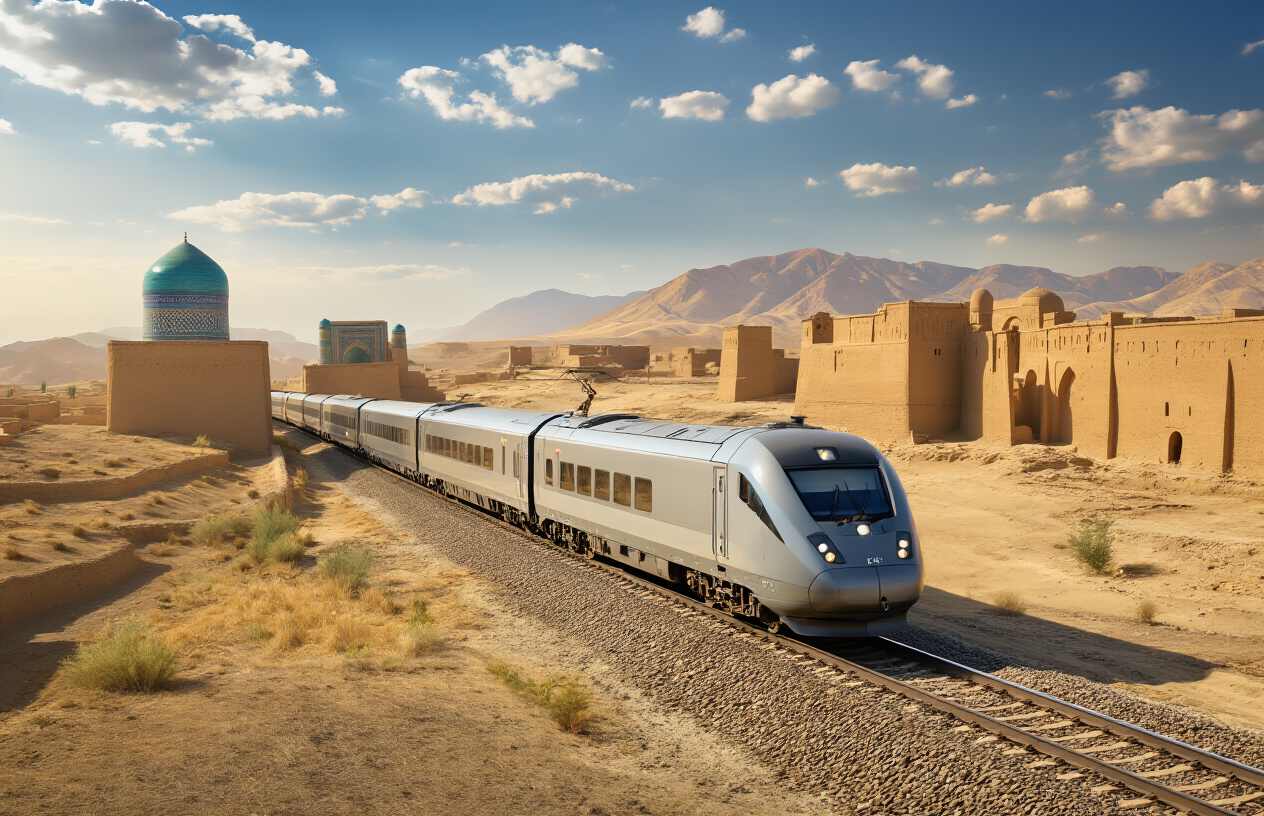 realistic image of a modern, clean train speeding through the scenic Uzbekistan landscape, with ancient mud-brick architecture and desert terrain visible in the background, the train sleek and well-maintained reflecting a high-speed rail system, warm golden sunlight illuminating the scene, conveying a sense of ease and accessibility of travel, with a welcoming and optimistic mood. Absolutely NO text should be in the scene.