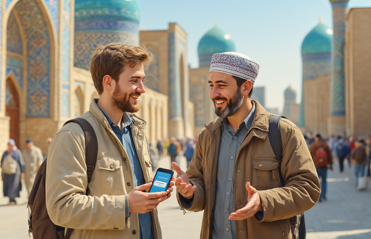 realistic image of a white male tourist and an Uzbek male local having a friendly conversation on a bustling street in Uzbekistan, with the tourist holding a smartphone displaying a translation app, both men smiling and gesturing as they communicate, traditional Uzbek architecture with blue-tiled domes visible in the warm, sunlit background, conveying a welcoming and approachable atmosphere. Absolutely NO text should be in the scene.