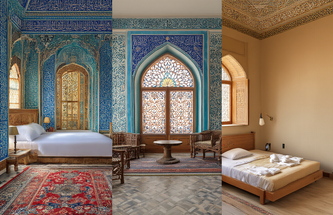 realistic image of a visually appealing collage-style scene showcasing three distinct accommodation types in Uzbekistan side by side: a luxurious boutique hotel room with ornate Islamic-inspired decor and rich blue tilework, a cozy mid-range guesthouse with traditional Uzbek wooden carved details and colorful textiles, and a simple but clean budget hostel room with modest furnishings, all bathed in warm inviting light that conveys comfort and accessibility, with subtle Central Asian architectural elements visible in the backgrounds of each space, evoking a welcoming and affordable travel experience. Absolutely NO text should be in the scene.