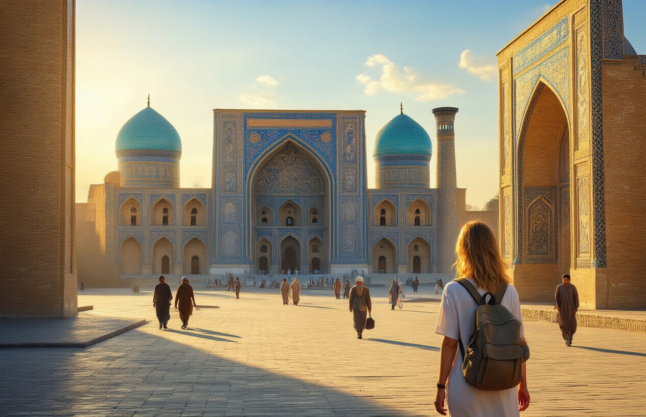realistic image of a peaceful and welcoming street scene in Uzbekistan, featuring the iconic Registan Square in Samarkand with its stunning blue-tiled mosques and minarets in the background, a relaxed white female tourist walking comfortably with a small backpack, looking at ease and unhurried, with local Uzbek people going about their daily activities calmly around her, the scene bathed in warm golden sunlight suggesting a safe and pleasant atmosphere, conveying a sense of security and tranquility in a vibrant yet stress-free environment. Absolutely NO text should be in the scene.