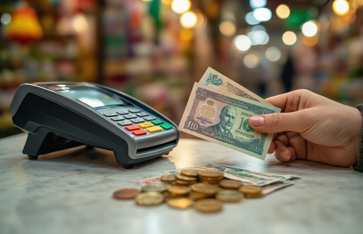 realistic image of a close-up scene showing a hand holding a mix of Uzbekistani sum banknotes and a credit card, with a modern point-of-sale terminal and a small pile of local currency coins on a clean counter surface, set against a softly blurred Uzbek bazaar or market background, warm and inviting lighting conveying ease and confidence, suggesting that financial transactions in Uzbekistan are simple and accessible. Absolutely NO text should be in the scene.