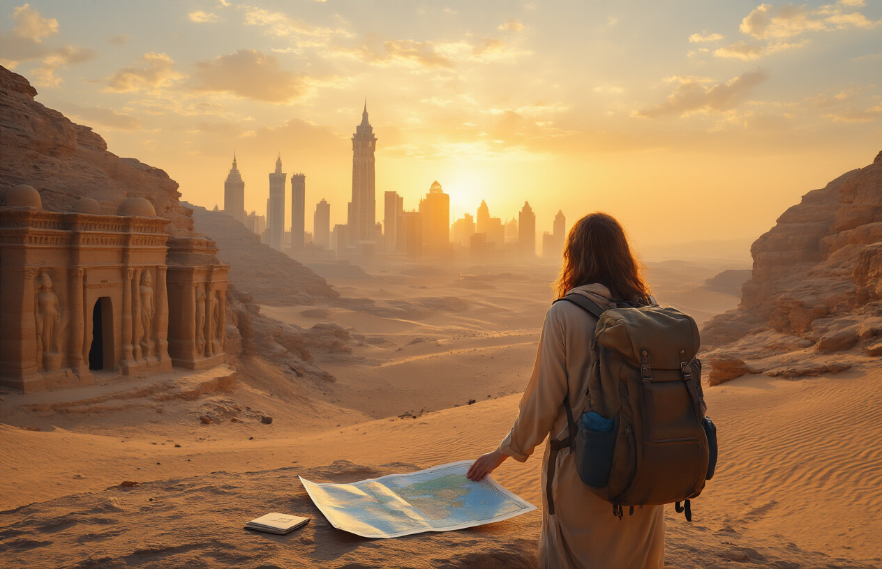 realistic image of a traveler standing at a stunning Saudi Arabian landmark, such as the iconic Mada'in Saleh rock-cut tombs or the Riyadh skyline at golden hour, with a travel backpack resting beside them, a map and passport subtly placed on a nearby surface, warm desert tones filling the background, soft golden sunset lighting casting a sense of accomplishment and adventure, the overall mood being inspiring and hopeful, symbolizing a successfully planned journey. Absolutely NO text should be in the scene.