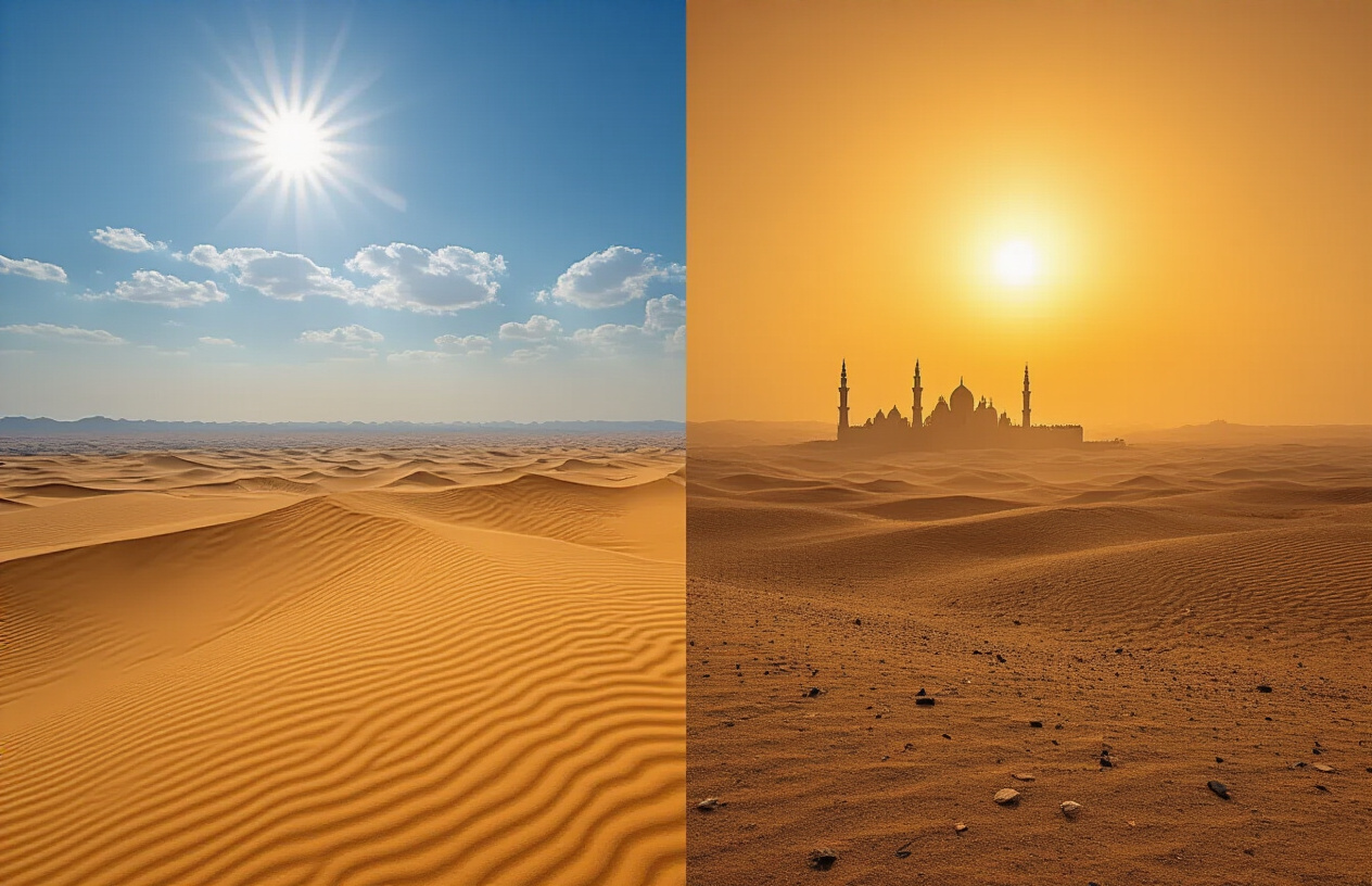 realistic image of a split-scene landscape of Saudi Arabia showcasing contrasting seasons and weather conditions, with one side displaying a bright, sunny desert landscape with golden sand dunes under a clear blue sky representing the cooler winter months, and the other side showing an intensely hot, hazy desert scene with scorching sun and heat waves rising from the arid ground representing the extreme summer heat, with a traditional Saudi Arabian architectural silhouette visible in the background, warm and contrasting lighting to emphasize the temperature differences, and an overall mood that helps travelers visually understand the best and worst times to visit the country. Absolutely NO text should be in the scene.