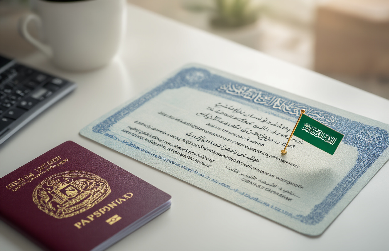 realistic image of a Saudi Arabian visa document and a passport placed on a clean white surface, with a small Saudi Arabian flag pin beside them, soft natural lighting illuminating the scene, conveying an organized and informative mood, with a blurred background suggesting a travel planning setting. Absolutely NO text should be in the scene.