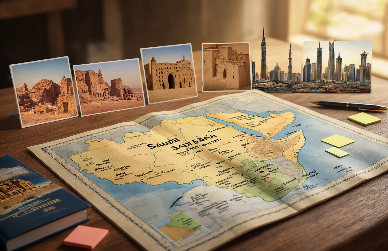 realistic image of a well-lit travel planning scene featuring a detailed map of Saudi Arabia spread open on a wooden table, with several iconic Saudi landmarks such as Al-Ula's ancient rock formations, Diriyah's historic mud-brick buildings, and the modern Riyadh skyline visible as small inset photos arranged around the map, alongside a travel guidebook, a pen, and sticky notes marking key destinations, set in a warm and inviting atmosphere with soft natural lighting, conveying excitement and careful trip planning. Absolutely NO text should be in the scene.