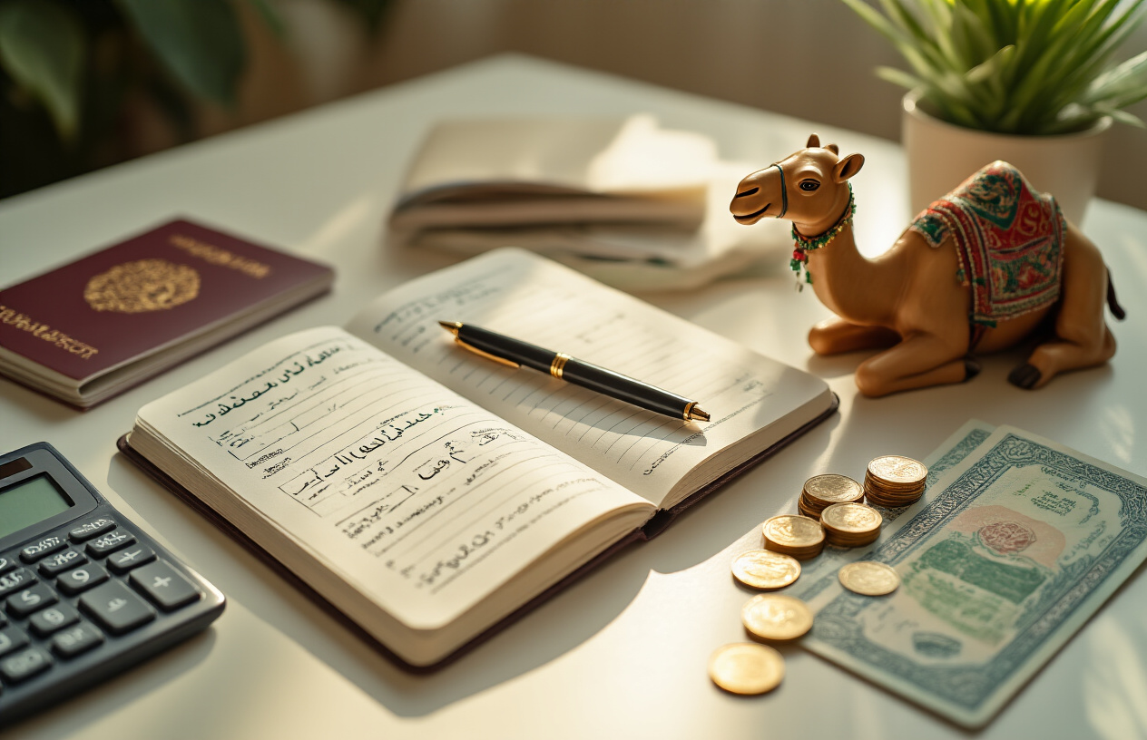 realistic image of a travel budget planning setup on a clean desk, featuring a open notebook with a pen, a calculator, some Saudi Arabian Riyal banknotes and coins, a passport, and a small decorative camel figurine as a subtle nod to Saudi Arabia, with soft natural lighting creating a warm and organized atmosphere, suggesting careful financial planning for an upcoming trip, Absolutely NO text should be in the scene.