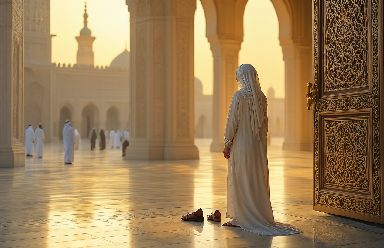 realistic image of a respectful travel scene in Saudi Arabia, featuring a white female tourist dressed modestly in a loose, long-sleeved outfit and a headscarf, standing near an ornate mosque entrance, observing local customs by removing her shoes before entering, with a warm golden sunlight illuminating the scene, a serene and culturally respectful atmosphere, traditional Islamic architecture with intricate geometric patterns in the background, and a calm, reverent mood that conveys cultural sensitivity and awareness. Absolutely NO text should be in the scene.