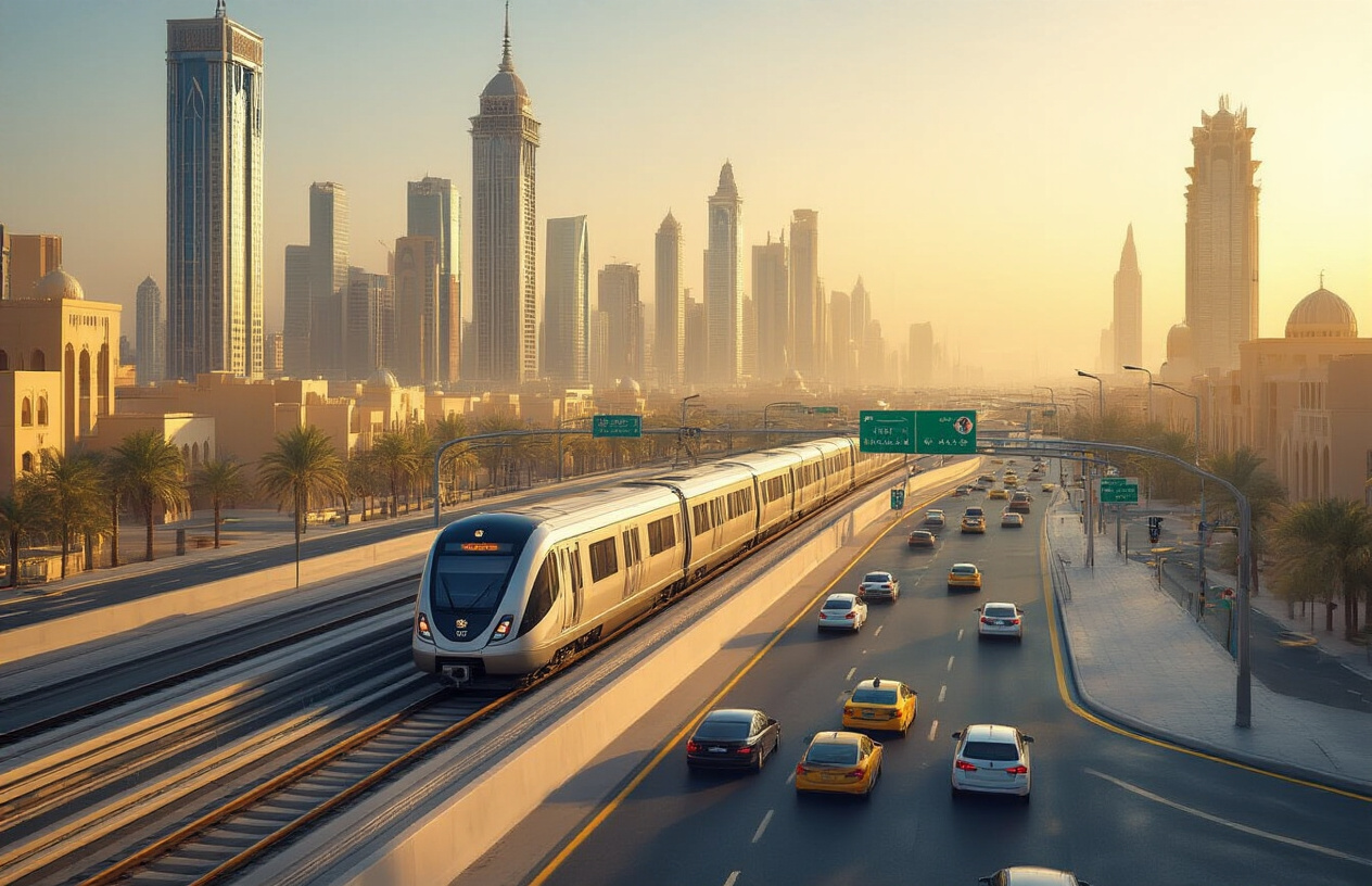 realistic image of a modern Saudi Arabian cityscape with a sleek metro train gliding through the city, wide well-maintained highways with clean road signs, and a busy urban intersection featuring taxis and ride-share vehicles, set against a backdrop of contemporary skyscrapers and traditional architecture blending together, bathed in warm golden sunlight, conveying a sense of smooth and effortless travel across a vibrant and welcoming city. Absolutely NO text should be in the scene.