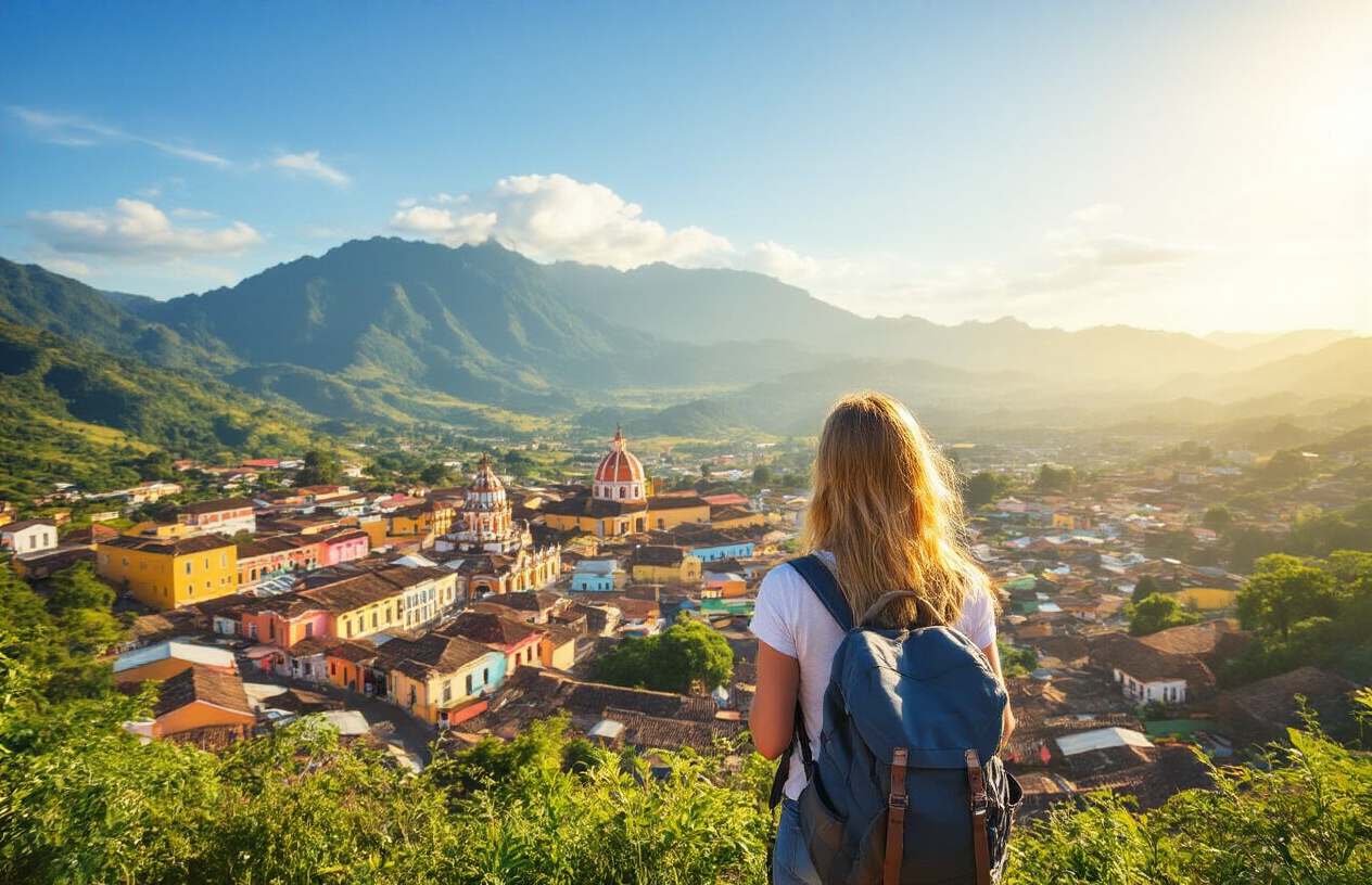 realistic image of a confident white female traveler standing at a scenic Central American viewpoint, overlooking a vibrant, colorful colonial town with lush green mountains in the background, her backpack resting beside her as she gazes peacefully at the landscape, the scene bathed in warm golden sunlight suggesting safety and optimism, with a clear blue sky above, conveying a sense of informed confidence and tranquility about traveling in the region. Absolutely NO text should be in the scene.