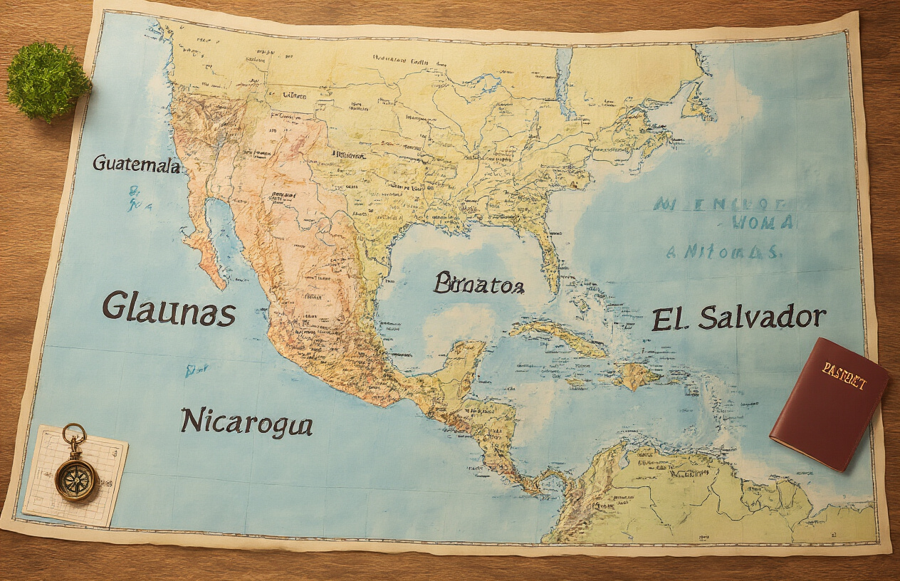 realistic image of a detailed physical map of Central America spread out on a flat surface, showing the distinct countries of the region including Guatemala, Belize, Honduras, El Salvador, Nicaragua, Costa Rica, and Panama, with subtle visual indicators like color-coded regions highlighting different areas, a warm yet informative mood with soft natural lighting illuminating the map from above, complemented by a compass and a few travel accessories like a passport and a small notebook placed around the edges of the map, set against a wooden table background. Absolutely NO text should be in the scene.