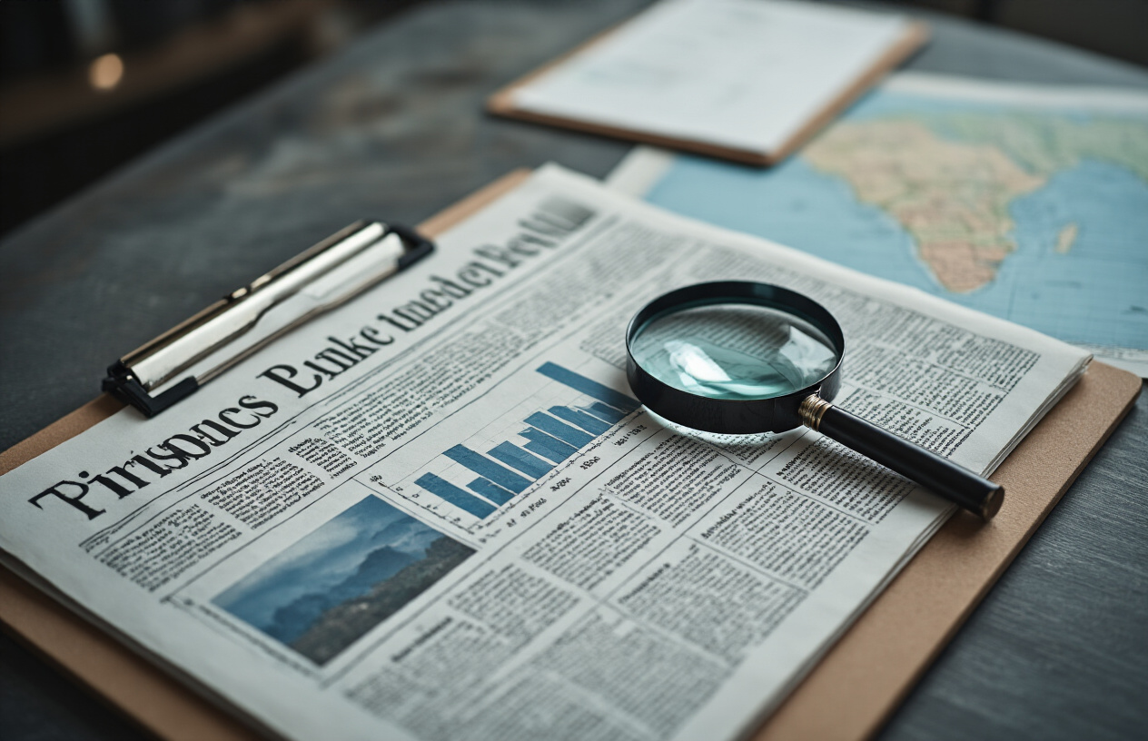 realistic image of a close-up view of a desk with a newspaper spread open showing blurred headline text, next to a clipboard holding a statistical bar chart graph, a magnifying glass resting on top of the paper, and a small map of Central America partially visible in the background, soft focused office lighting creating a serious and investigative mood, muted tones of grey, white, and blue dominating the scene. Absolutely NO text should be in the scene.