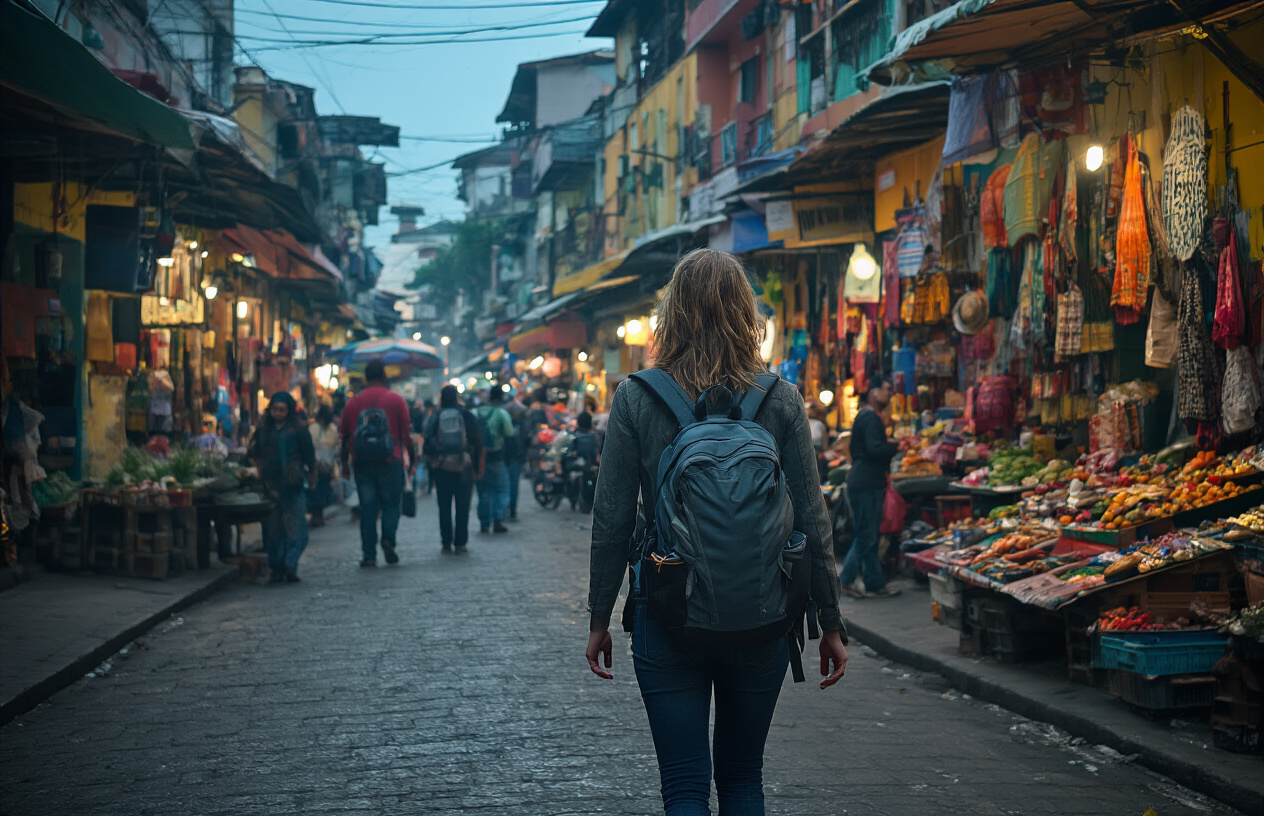 realistic image of a cautious traveler, a white female, walking through a bustling Central American street market with a firm grip on her backpack straps, looking alert and aware of her surroundings, with crowded vendor stalls and colorful buildings in the background, dim and slightly shadowy urban lighting creating a tense atmosphere, suggesting awareness of petty theft and street-level safety concerns, Absolutely NO text should be in the scene.