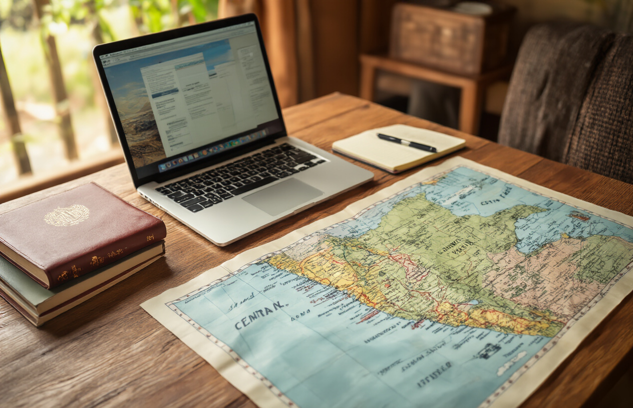 realistic image of a traveler sitting at a wooden desk with an open laptop, travel guidebooks, and a detailed map of Central America spread out in front of them, alongside a small notebook with a pen, the scene set in a cozy, well-lit room with warm ambient lighting suggesting careful and thoughtful trip planning, the overall mood being calm, focused, and optimistic, Absolutely NO text should be in the scene.