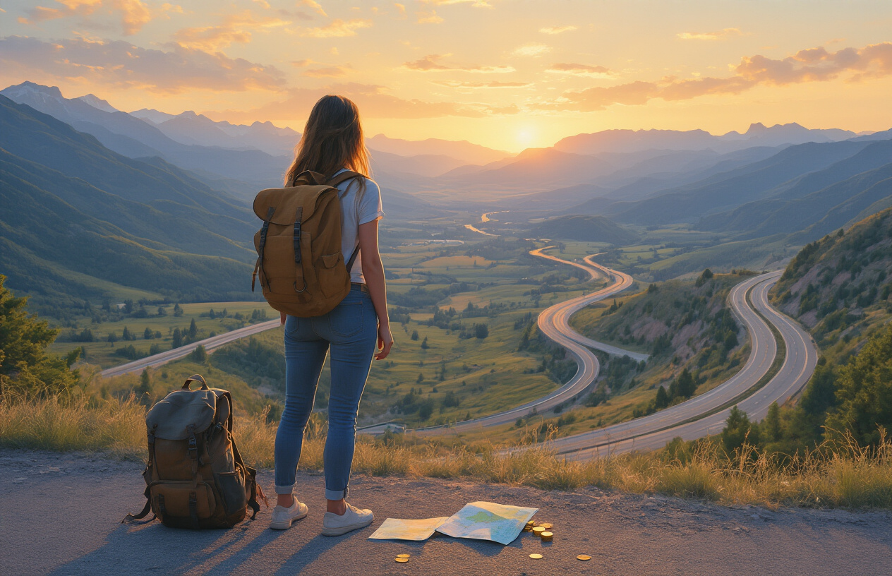 realistic image of a young white female traveler standing confidently on a scenic roadside overlook with a vast American landscape stretching behind her, featuring rolling mountains, open highways, and a golden sunset sky, her backpack resting beside her as she gazes into the distance with a sense of freedom and accomplishment, the warm glowing light casting a hopeful and adventurous mood over the entire scene, with a few coins and a folded map subtly placed near her backpack to hint at budget-conscious travel, the atmosphere feeling liberating and inspiring. Absolutely NO text should be in the scene.