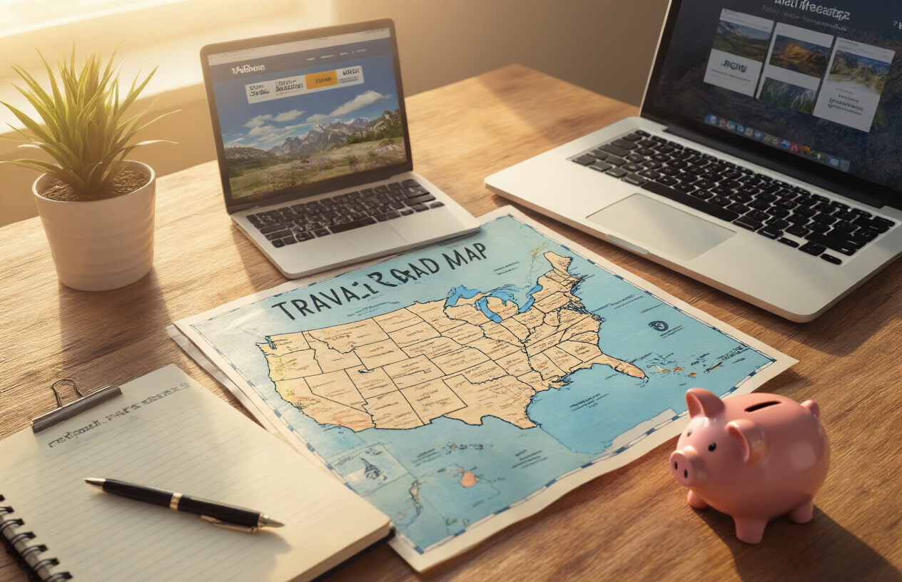 realistic image of a travel planning setup on a wooden desk featuring an open USA road map, a budget notebook with a pen, a laptop showing travel booking websites, and a small piggy bank, with soft warm lighting creating a focused and organized mood, suggesting smart and cost-effective trip planning. Absolutely NO text should be in the scene.