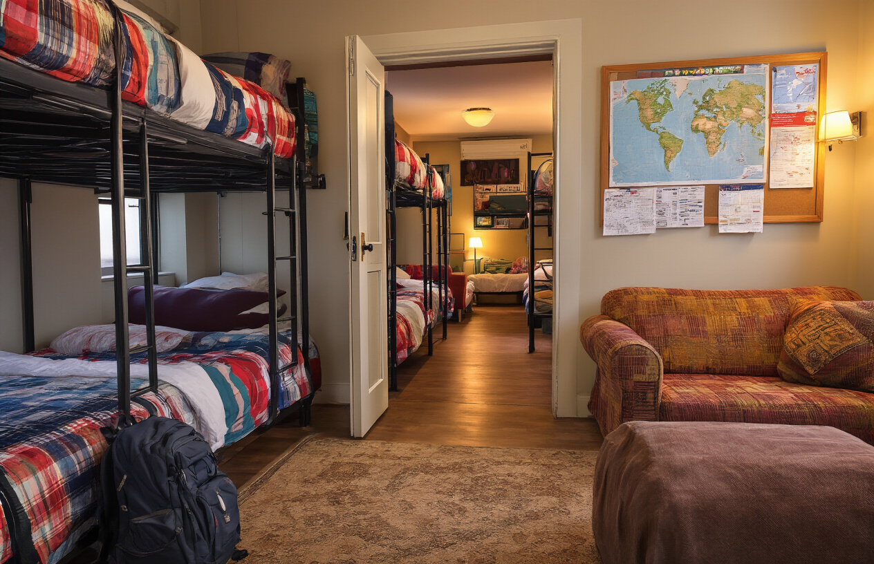 realistic image of a cozy and affordable hostel common room in the USA, featuring rows of bunk beds with colorful bedding visible through an open doorway, a communal lounge area with mismatched furniture, a bulletin board with travel maps pinned to it, warm ambient lighting creating a welcoming and budget-friendly atmosphere, with a backpack resting on the floor beside a bunk bed, conveying a sense of adventure and smart budget travel. Absolutely NO text should be in the scene.
