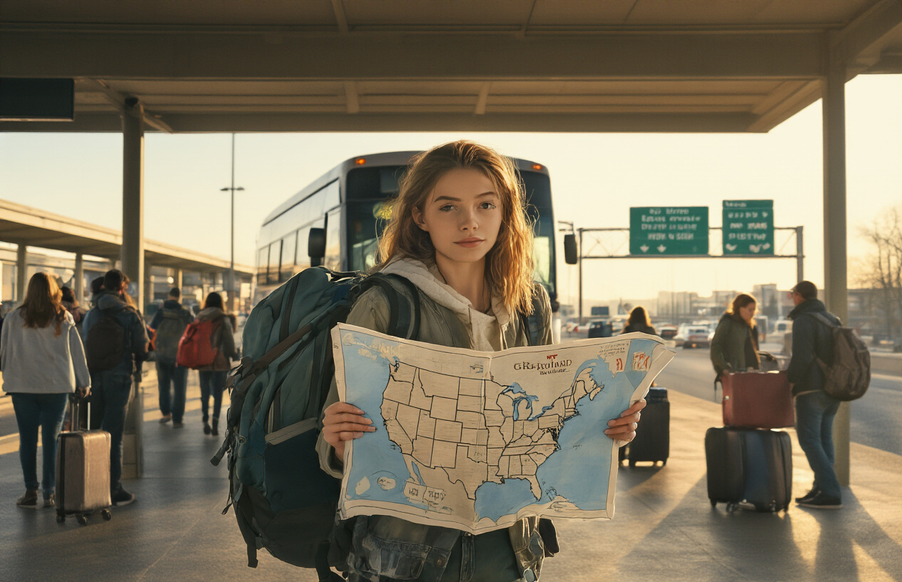 realistic image of a budget-conscious traveler, a white female with a backpack, standing near a Greyhound bus at a busy station, with a large map of the USA in her hands, surrounded by other passengers and luggage, the scene bathed in warm natural daylight, conveying a sense of adventure and economy, with an open road and highway signs visible in the background, evoking the spirit of affordable cross-country travel. Absolutely NO text should be in the scene.
