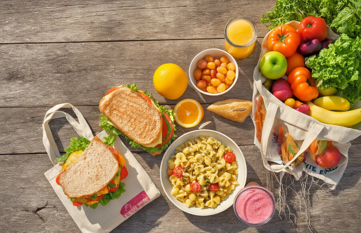 realistic image of a spread of affordable, colorful, and delicious-looking meals laid out on a rustic wooden table, including items like a hearty sandwich, fresh fruits, a bowl of pasta, and a smoothie, with a reusable grocery bag filled with fresh produce nearby, set in a casual outdoor picnic setting with warm, natural sunlight creating an inviting and cheerful atmosphere, evoking the feeling of eating well without spending much money. Absolutely NO text should be in the scene.