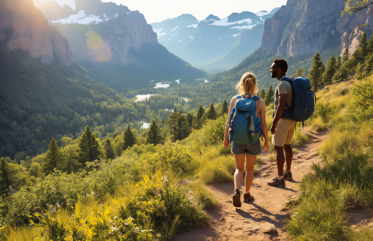 realistic image of a diverse group of travelers exploring a iconic free landmark in the USA, such as a vast national park with scenic mountain trails or a grand public monument, with a white female and a black male hiking enthusiastically with small backpacks, surrounded by lush greenery and breathtaking natural landscapes, bathed in warm golden sunlight, conveying a sense of adventure and budget-friendly exploration, with a vibrant and uplifting mood. Absolutely NO text should be in the scene.