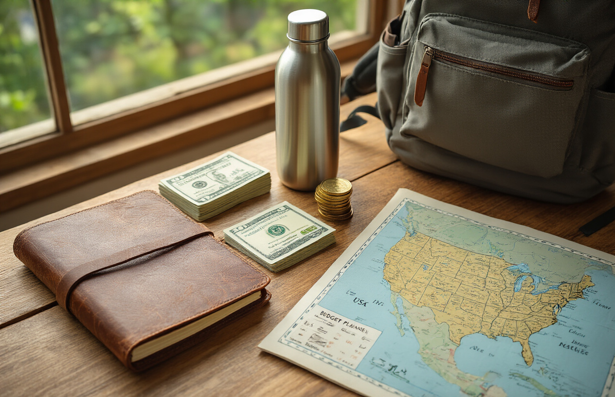 realistic image of a neatly organized travel setup on a wooden table featuring a worn travel journal, a small stack of cash and coins, a reusable water bottle, a budget planner, and a map of the USA, with a backpack placed nearby, the scene bathed in warm natural daylight suggesting a sense of smart and mindful travel planning, conveying a frugal yet adventurous mood. Absolutely NO text should be in the scene.