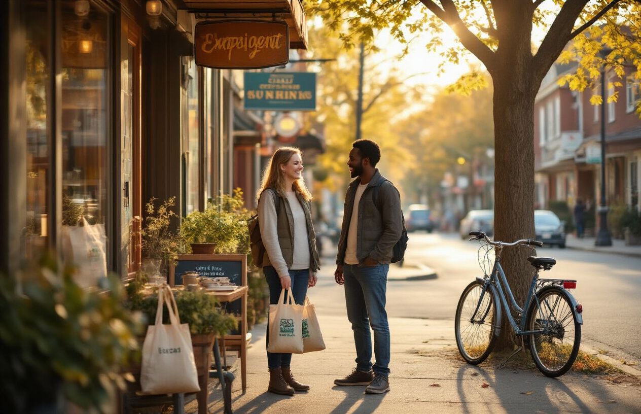realistic image of a warm and inviting scene in a charming Canadian neighborhood, where a white female traveler and a black male local are sharing a friendly conversation outside a small independent café, with reusable grocery bags from a local market nearby, bicycles leaned against a rustic wooden post, and a backdrop of colorful storefronts and a lush tree-lined street bathed in soft golden afternoon sunlight, evoking a sense of authentic connection, community, and belonging, Absolutely NO text should be in the scene.