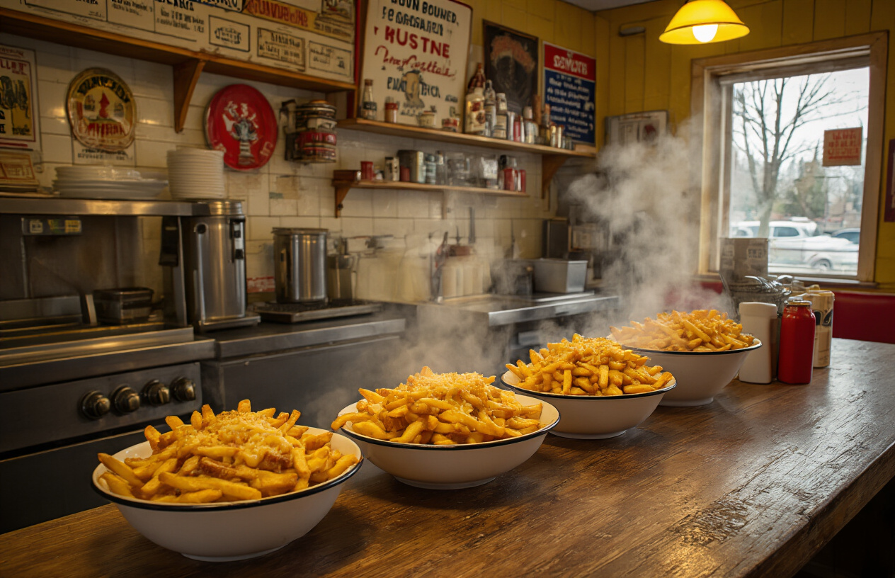 realistic image of a cozy, unpretentious Canadian diner or local poutine shop with steaming bowls of poutine and comfort food on a worn wooden counter, warm yellow lighting casting a welcoming glow over the scene, a casual and authentic atmosphere with simple decor, vintage Canadian memorabilia on the walls, and a busy but intimate feel that suggests a neighborhood favorite rather than a tourist spot, no fancy presentation just honest hearty food in rustic serving dishes. Absolutely NO text should be in the scene.