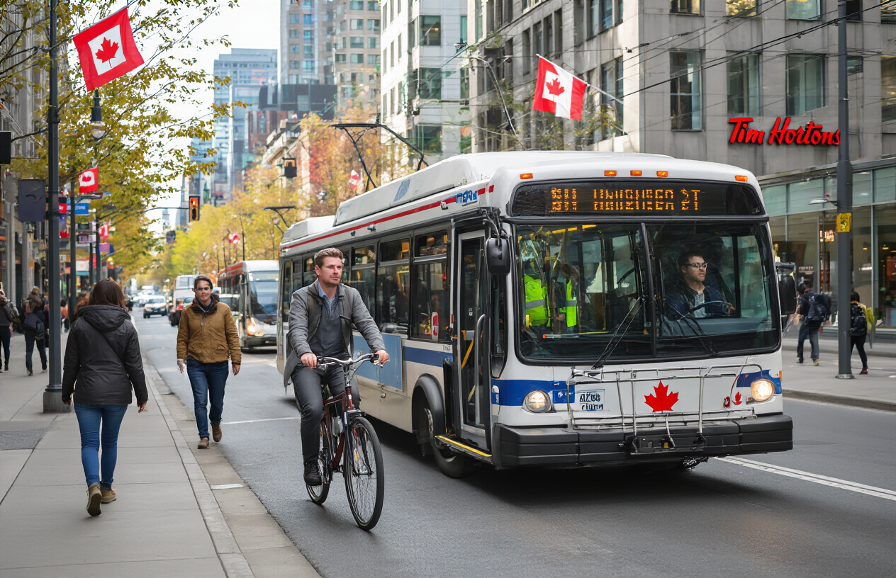 realistic image of a busy urban Canadian street scene featuring a white male commuter confidently riding a public transit bus while holding a transit card, with other locals walking on sidewalks beside a cycling lane where another person rides a bike, set against a backdrop of a recognizable Canadian city streetscape with maple leaf flags and Tim Hortons signage subtly visible, captured in natural daylight with a vibrant, authentic everyday life atmosphere. Absolutely NO text should be in the scene.