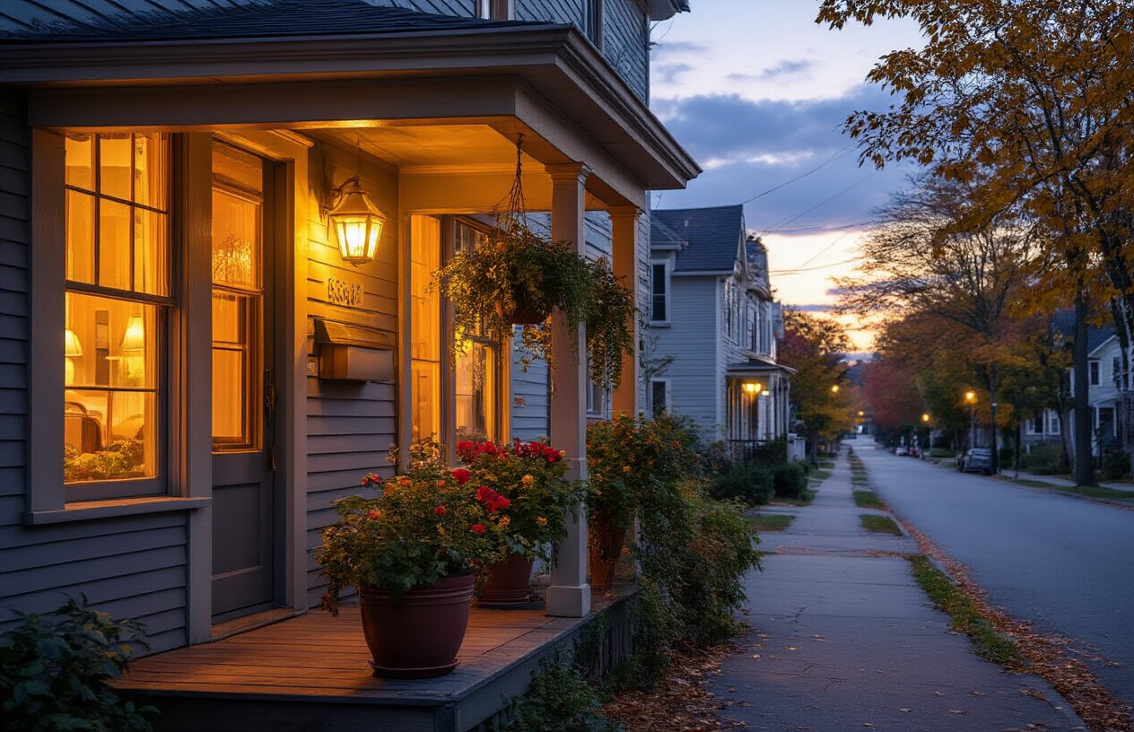realistic image of a cozy bed and breakfast or small local guesthouse in a charming Canadian neighborhood, with a warm and inviting exterior featuring a wooden porch, potted plants, and soft golden lighting glowing through the windows at dusk, evoking a sense of community and belonging, with a quiet residential street lined with maple trees in the background, creating an intimate and welcoming atmosphere that feels distinctly local and authentic rather than commercial. Absolutely NO text should be in the scene.